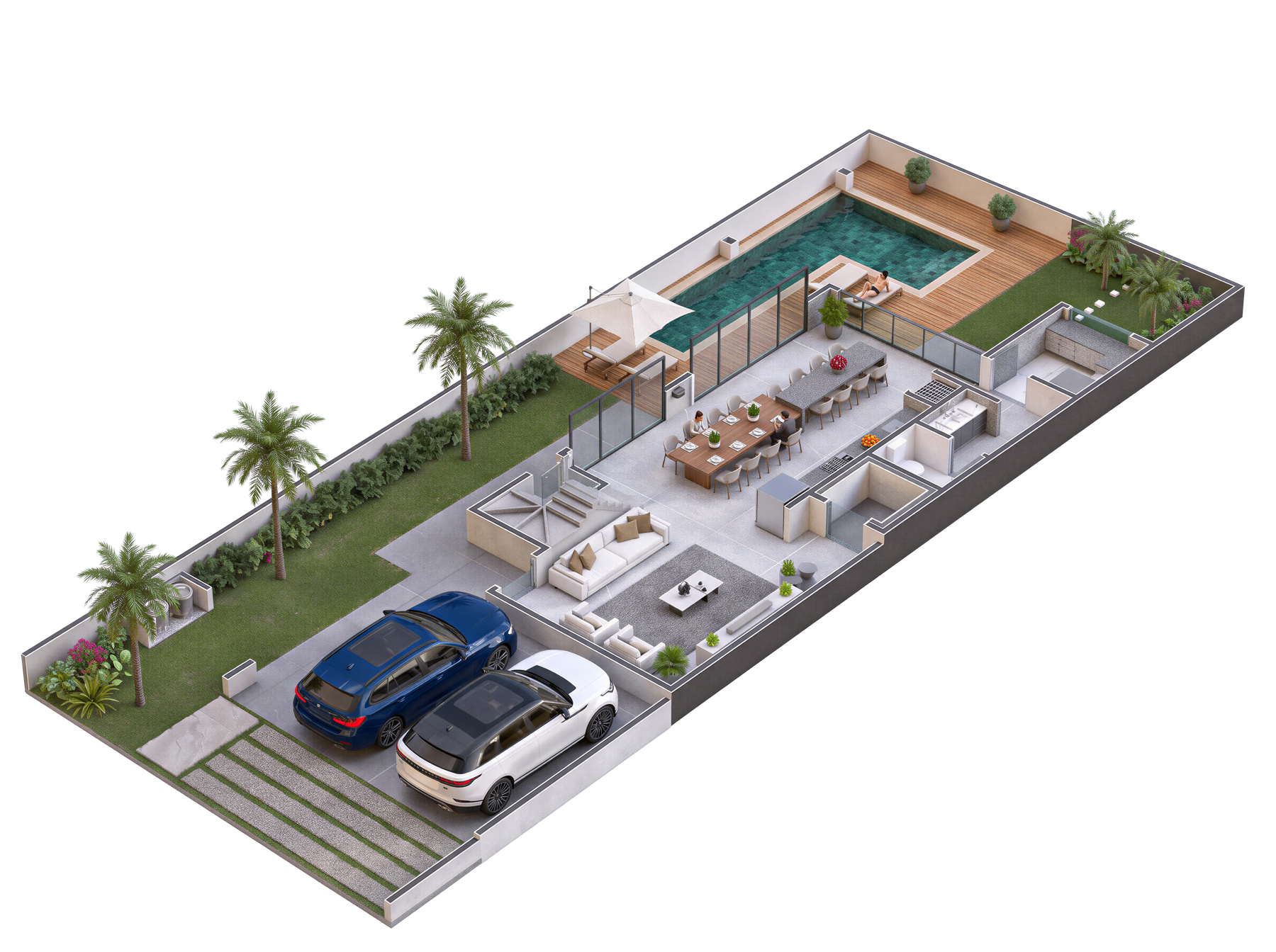 Vista 3D do pavimento inferior do sobrado: living integrado, cozinha com ilha, área gourmet, deck e piscina privativa