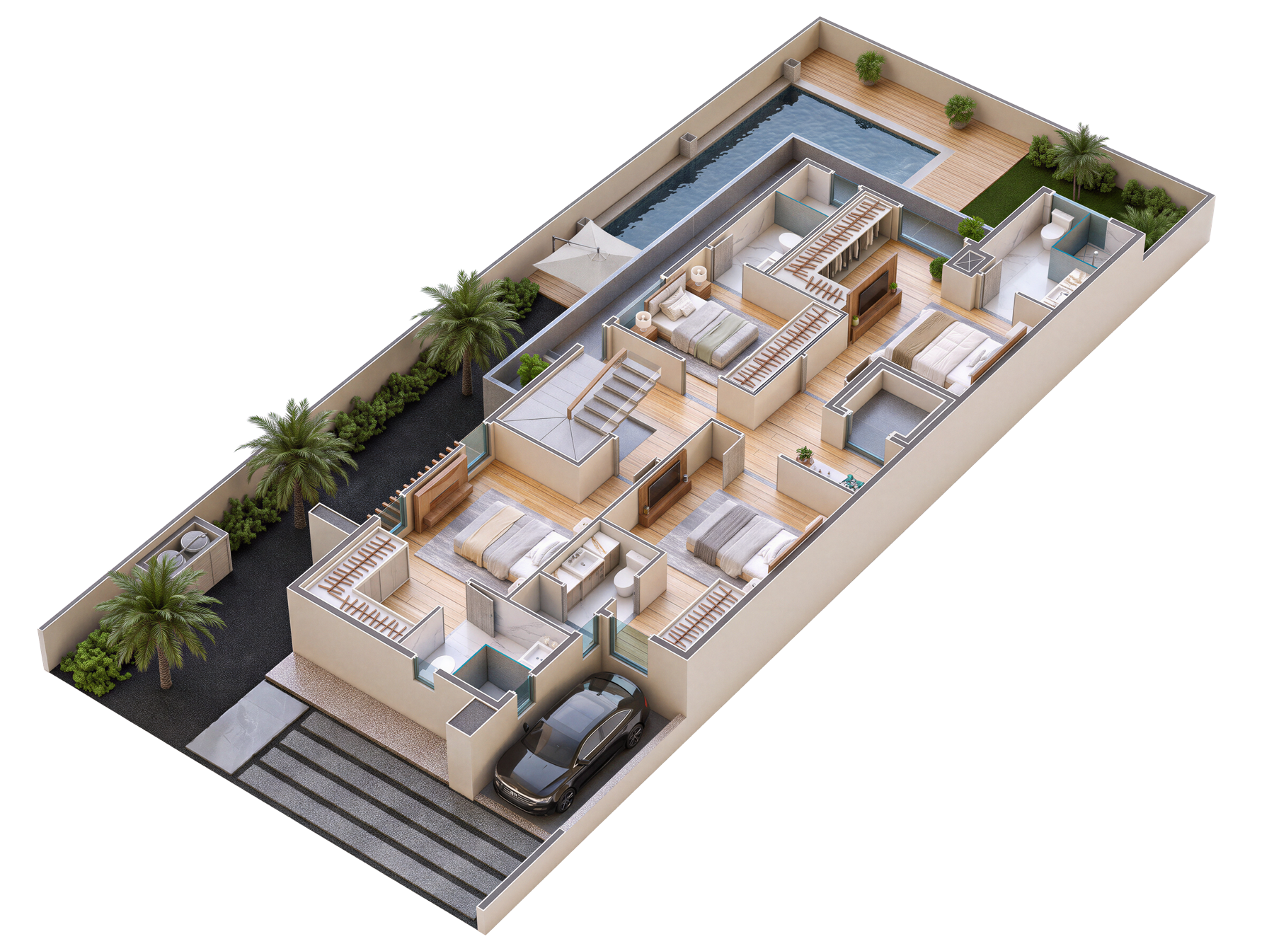 Vista 3D do pavimento superior do sobrado: as 4 suítes, com a principal em closet, e o hall do elevador