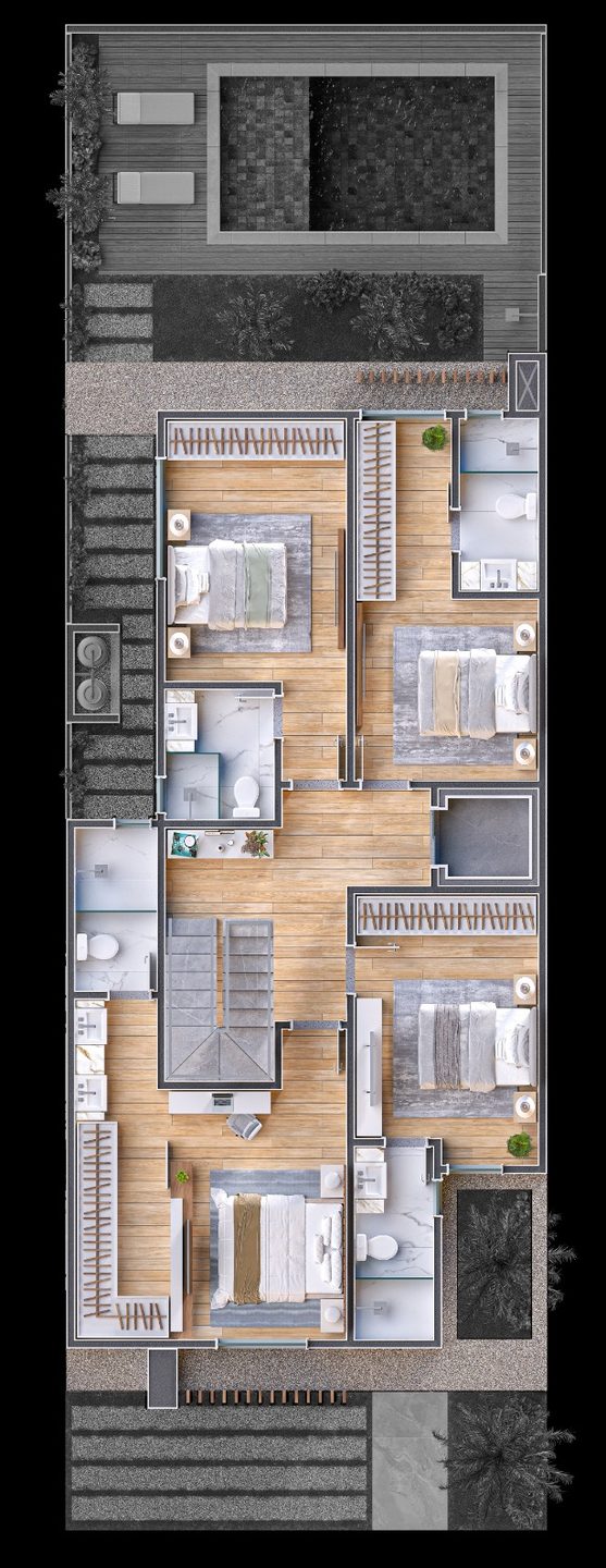 Planta humanizada do pavimento superior do tipo 01: 4 suítes, sendo a principal com closet