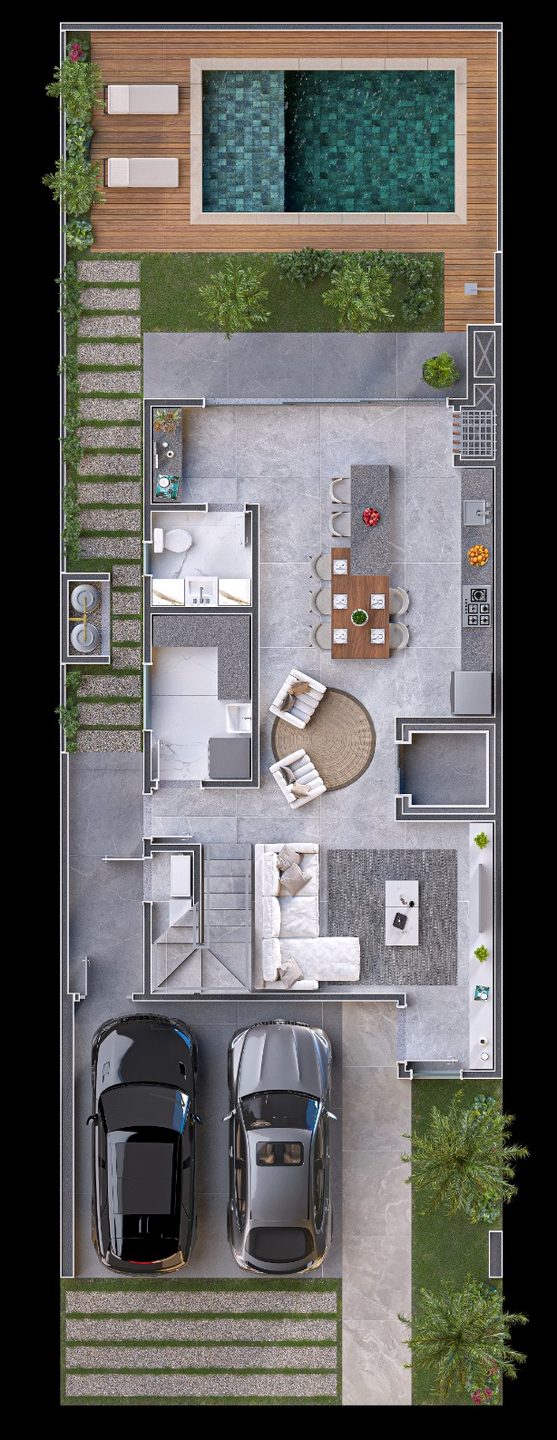 Planta humanizada do térreo do tipo 01: 2 vagas cobertas, living integrado, cozinha com ilha, deck e piscina privativa